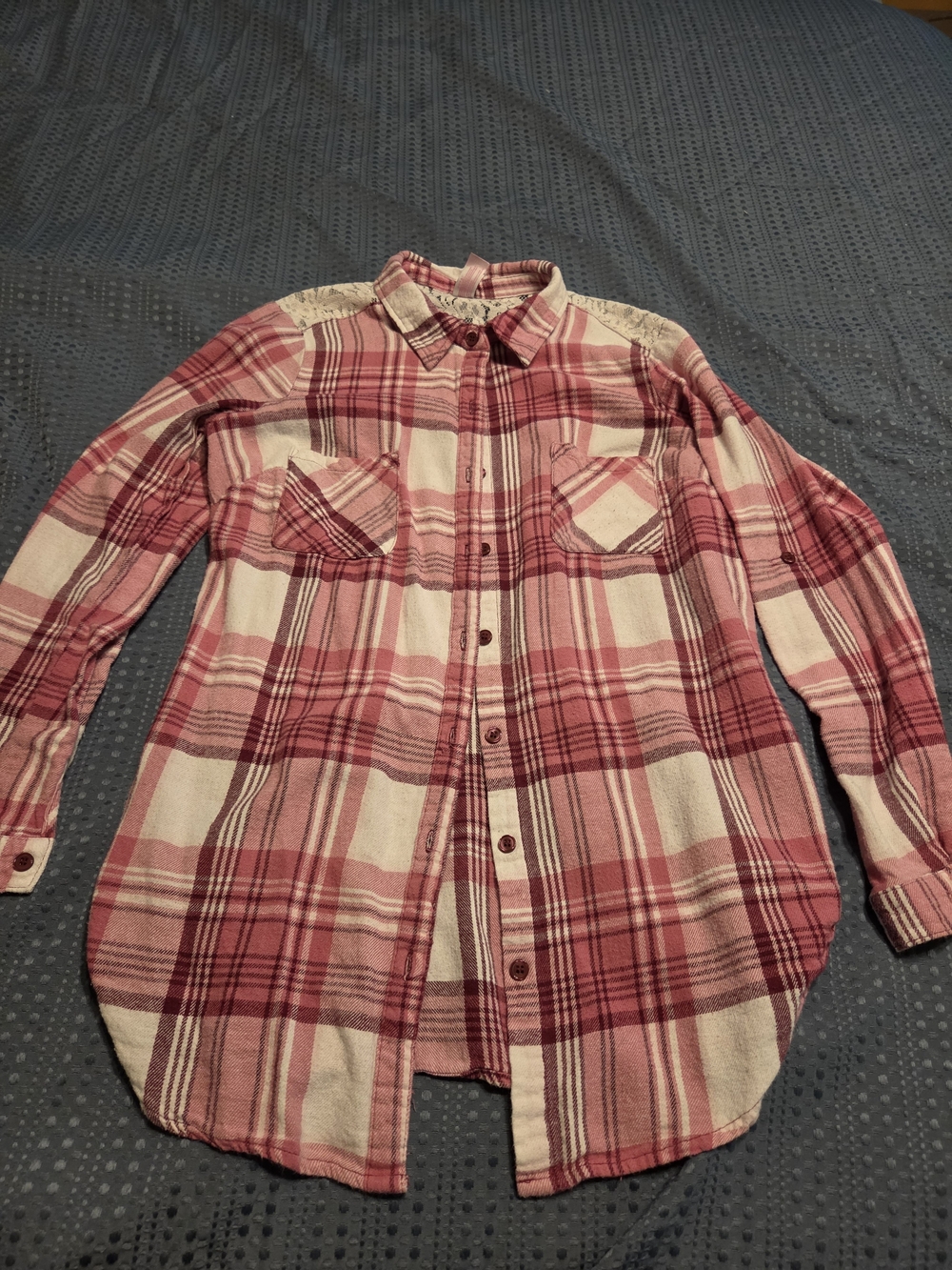No Boundaries Pink, Red and White Plaid Button-Down Shirt W/ Lace Accents